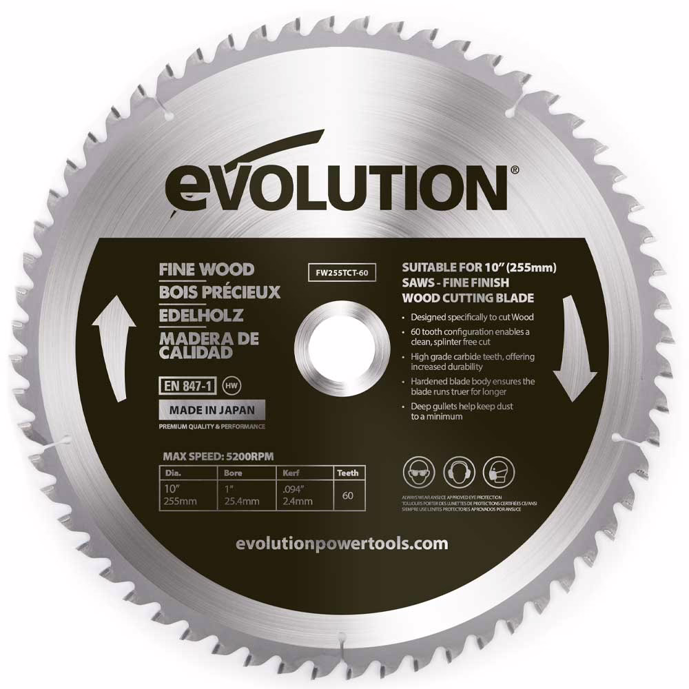 Фин диск за циркуляр - за дърво 60 зъба / EVOLUTION FW255TCT-60 / 1 Фин диск за циркуляр - за дърво 60 зъба / EVOLUTION FW255TCT-60 /